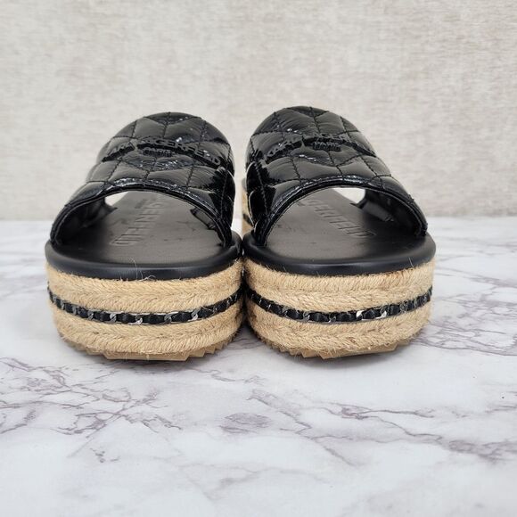 Karl Lagerfeld Kamara Black Quilted Platform Slide Sandals Jute Espadrilles
